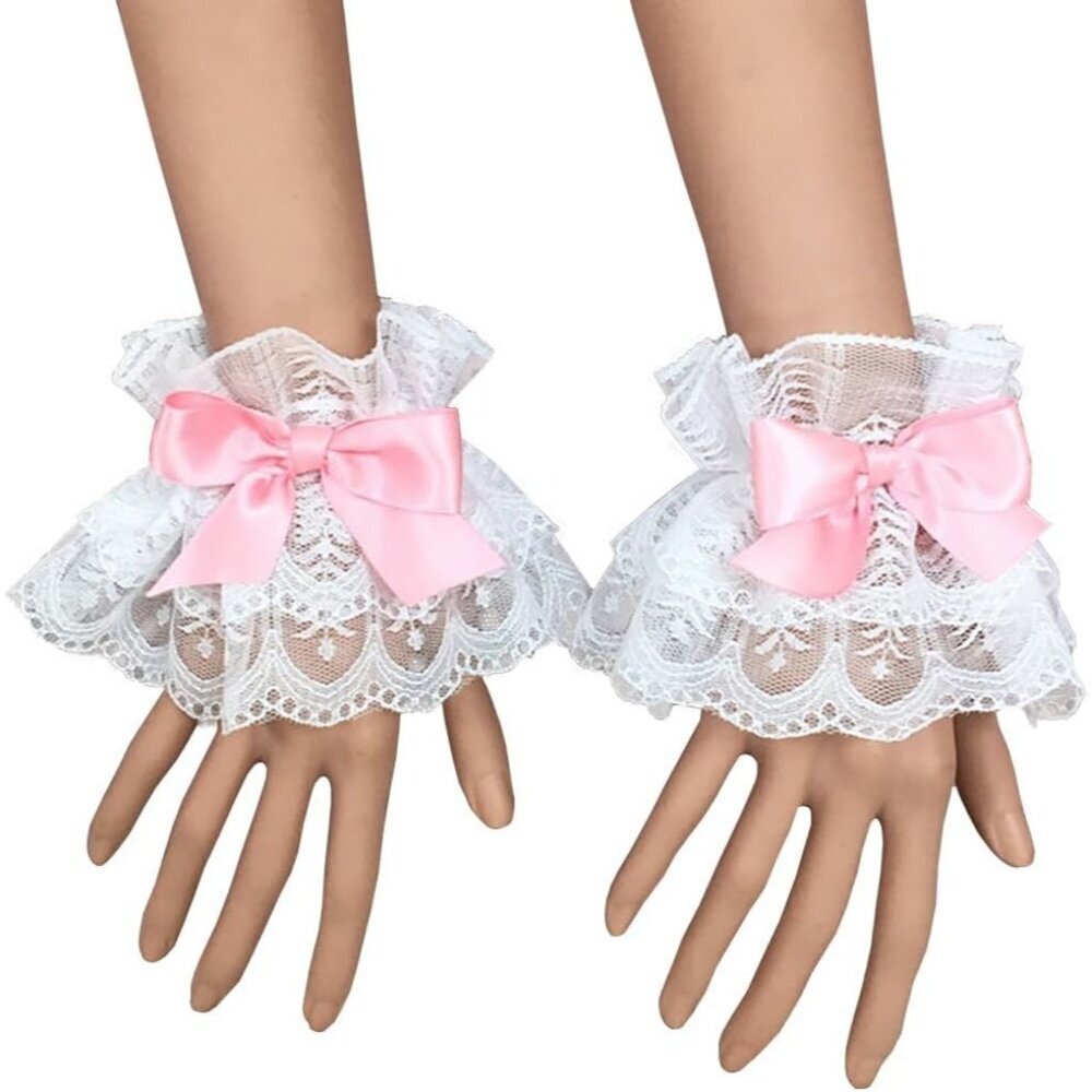 Women's Pink Bow Sexy Lace Hand Sleeve Gloves Elastic Bracelet Cuffs Wrist